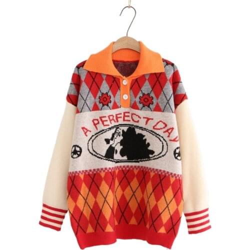 2021 Winter Women Sweater Korean Fashion Argyle Sweater Warm Jumpers Long Sleeve Turndown Collar Pullover Ladies Knitted Tops