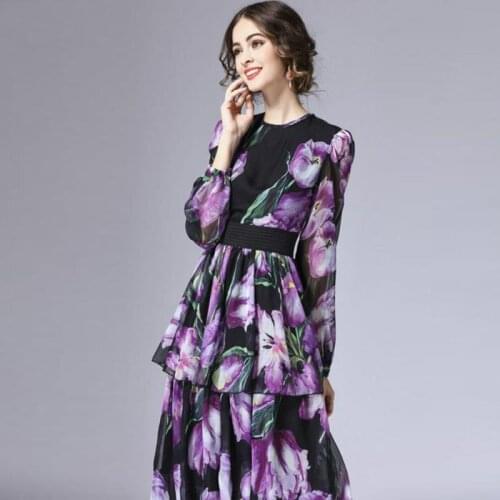 Designer Dress Fashion Runway 2021Spring Summer O-Neck Long Sleeve Floral Printed Plus Size Luxury Women Beach Party Dresses Za