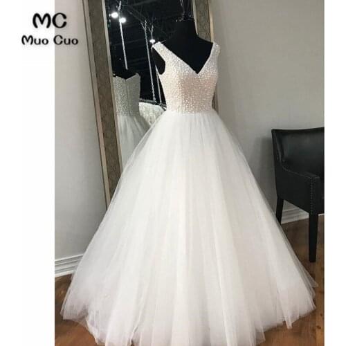 New 2018 A-Line Wedding Dresses with Beaded Tank Robe de mariage V-Neck Floor Length Tulle vestido de noiva Bridal Gowns