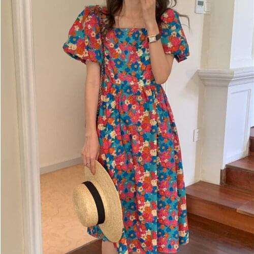 Korean Vintage Women Casual Dress Summer Floral Printing Square Neck Hollow Out Back Lace-Up Waist Puff Sleeve Dresses Vestidos