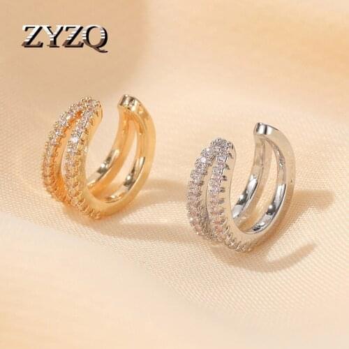 ZYZQ Double-Layer Grooved Cubic Zirconia Earingsr For Women Clip C-Shaped Ear Bone Clip Fashion Painless Female Earrings