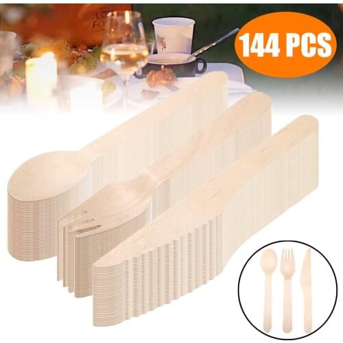 144pcs/set Disposable Wooden Cutlery Forks Spoons Dessert Utensils Party Home Tableware