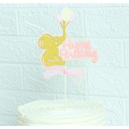 2020 New Elephant Happy Birthday Cake Topper Pink Blue Birthday Cupcake Topper Supplies for Baby Birthday Party Cake Decorations