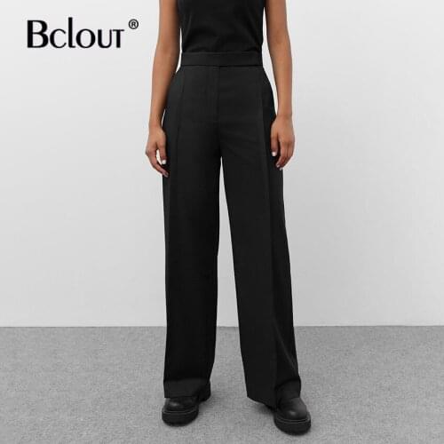 Bclout Twill Black High Waist Slim Pants Women Pockets Long Office Pleated Straight Pants Zipper Casual Autumn Trousers 2021
