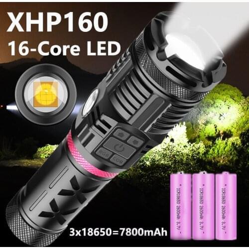 D2 XHP160 16-Core The Most Powerful Led Flashlight USB Rechargeable Zoom Lantern COB outdoor Tactical powerful torch use 3x18650