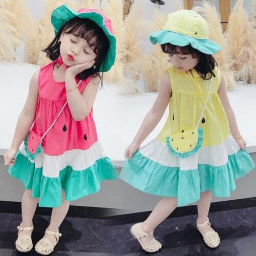 Childrens Clothing Kids Dresses for Girls 2020 Summer Party Clothing Dress Watermelone Pattern Princess Dresse Bag Hat Outfits