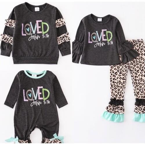 Girlymax Baby Girls Loved John Mint Leopard Romper Toddler Pants Ruffles Set Top Boutique Sisters Wear Kids Clothing