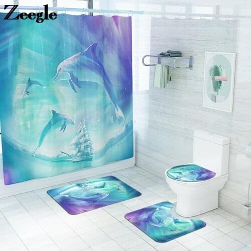 Home Decor Bath Mat and Waterproof Shower Curtain Set Dolphin Printed Toilet Mat Memory Foam Toilet Rug Anti-slip Floor Mat