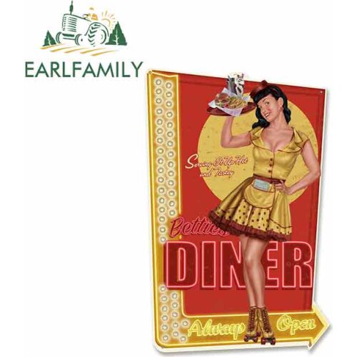 EARLFAMILY 13cm x 8.6cm for Bettie Page Car Hop Diner Pin Up Girl Sign Funny Car Stickers Vinyl Truck RV VAN 3D JDM Accessories