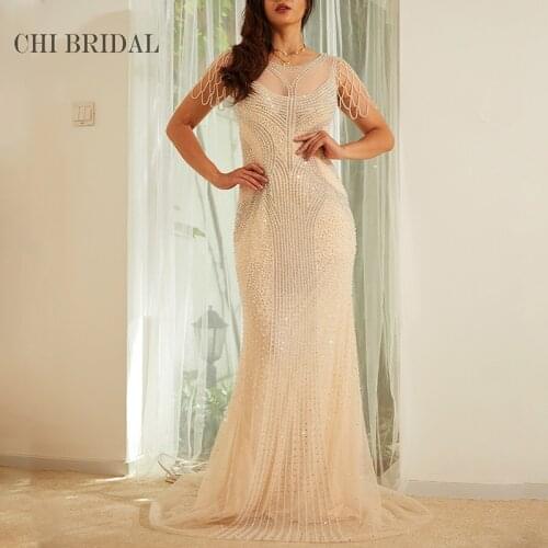 Elegant Evening Dress With Grid Shaped Nail Bead Sleeves Sexy Hollow Out Perspective Taildress Comfortable Mesh Fabric