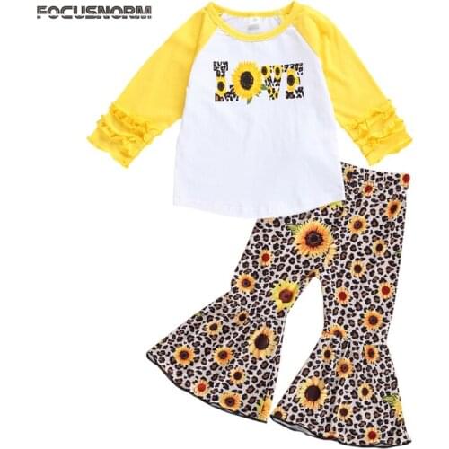 FOCUSNORM 1-6Y Autumn Baby Girls Clothes Sets Sunflowers Leopard Print Long Sleeve Pullover Tops Flare Pants Trousers 2pcs
