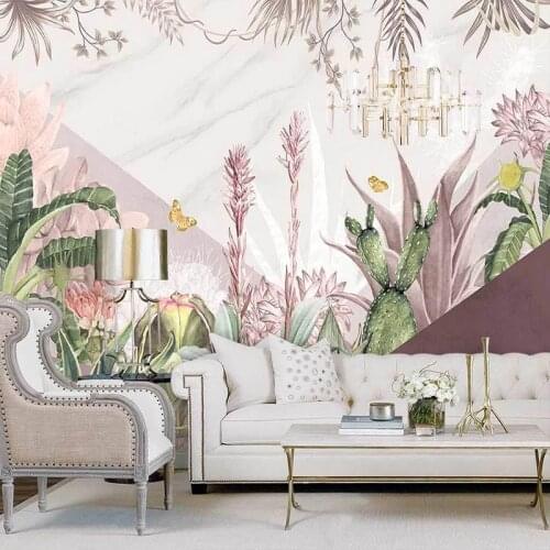 Custom Mural Wallpaper Nordic Ins Hand-painted Abstract Geometric Tropical Plants Pink Abstract Art Indoor Background Wall Mural