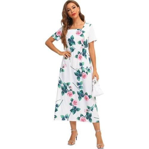 Fridayin 2021 Womens Casual Loose Floral Print Square Collar Short Sleeve Elegant Holiday Midi Dresses