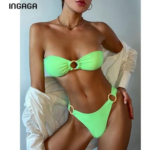 INGAGA Sexy Swimwear Bandeau Womens Swimsuit High Waist Bikinis Ring Bathing Suit 2021 High Cut Biquini Summer Solid Bikini Set