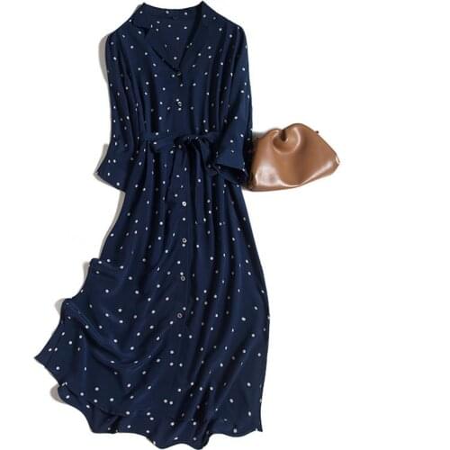 Retro Hepburn Style Navy Blue Polka Dots Small Collar Mid-Length Cardigan Mulberry Silk Silk Belt Dress