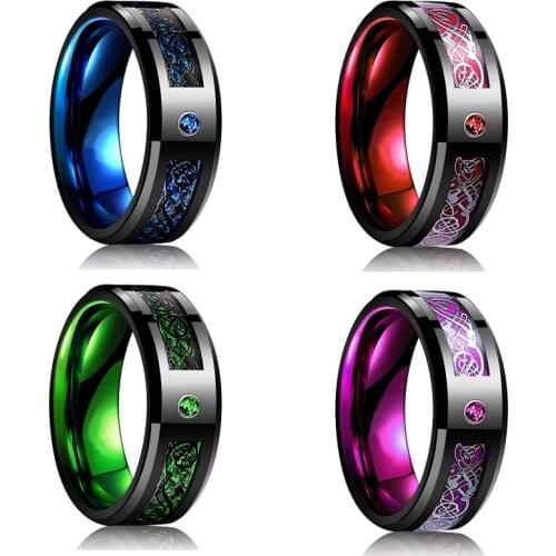 8mm Titanium Steel Wedding Ring for Men Women Punk Celtic Dragon Blue Red Carbon Fiber Ring AAA Zirconia Inlay Men Wedding Band