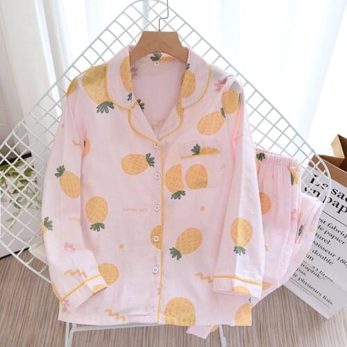 Korea Fresh Pineapple Pjs Women Set 100% Gauze Cotton Long Sleeve Trousers Casual Sleepwear Women Pyjamas Camisones De Mujer