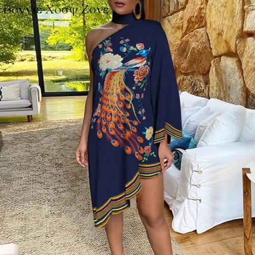 Summer Women One Shoulder Peacock Floral Print Irregular Dress