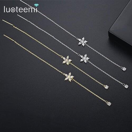LUOTEEMI Charming Drop Earrings Ear Line Flower Shape CZ Stone Accessories Fashion Jewelry for Women Girl Christmas Gift Brincos
