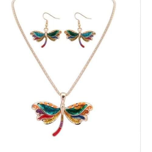 Hot Selling European Drip Oil Colorful Dragonfly Style Necklace Earring Jewelry Set