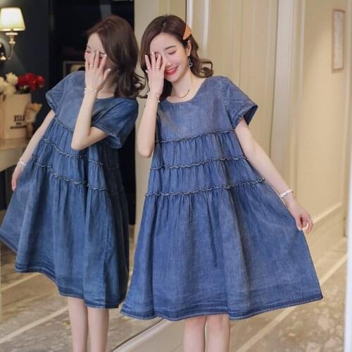 2020 New Brand Summer Soft Denim Maternity Dress Woman Fashion Short Sleeve Large Size Dress Pregnant Woman Casual Loose Dress