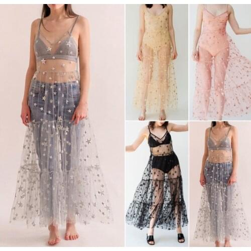 New Sweet Women Girl Mesh Sheer Sling Dress Lady See-through Bikini Cover Up Sleeveless Sequins Star Print Strap Long Dresses
