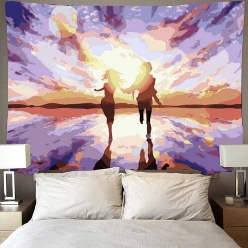 Couple running towards the sunset oil painting style tapestry cheap hippie wall hanging boho mandala mural style decorative art