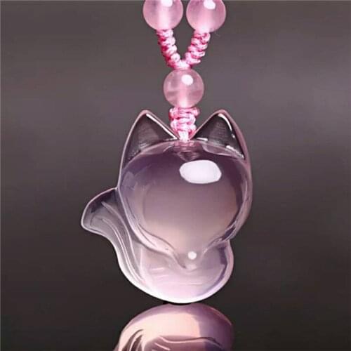 Genuine Natural Pink Stone Crystal Quartz Pendant Bead Animal Fox Shape Woman Necklace Pendant