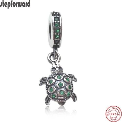 DIY Delicated Hot Sale Popular 925 Real Silver Green Stone Turtle Charm Pendant Fitting for Snake Chain Cute charms for Girls