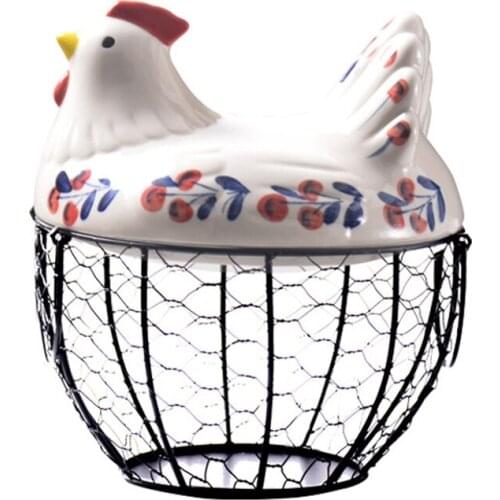 Practical Iron Egg Storage Basket Snack Fruit Basket Creative Collection Ceramic Hen Ornaments Decoration Kitchen Accessories