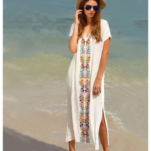 Embroidered Loose White Beach Cover Up Women Bikini Cover Up Beach Dress Swimwear Bathing Suit Cover Ups Women Robe Beachwear