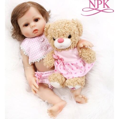 48CM premie bebe realistic reborn full body soft slicone cuddly baby Anatomically Correct bath toy in pink dress with bear toy