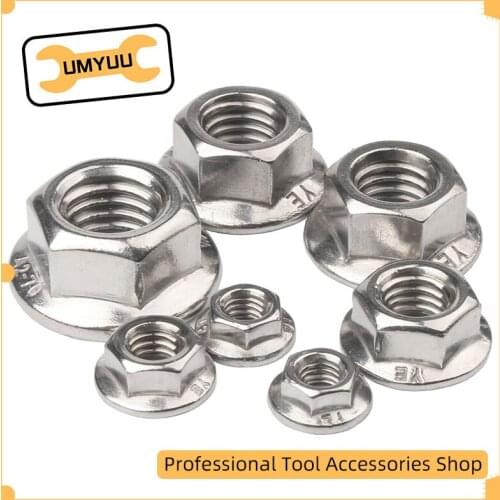 UMYUU Hex Flange Nuts 304 Stainless Steel M3 M4 M5 M6 M8 M10 M12 Head Spin Lock Thread Nutsert Hexagon Serrated Lock Nut