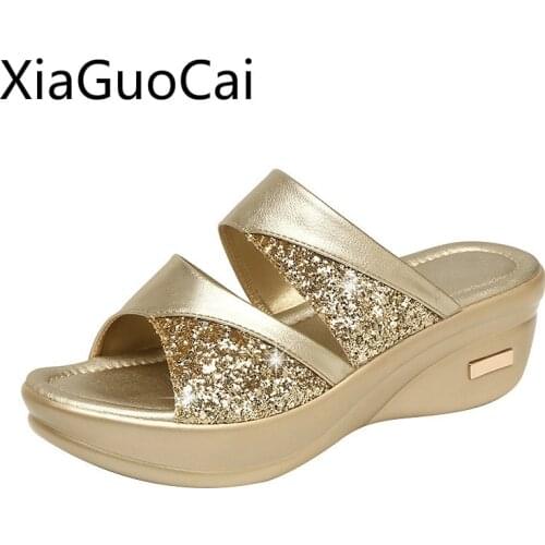 Big Size 42, 43 Gold Peep Toe Women Wedges Slippers Sequins Comfortable Platform Ladies Slippers Soft Leather Slides