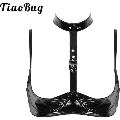 TiaoBug Hot Sexy Women Wet Look Patent Leather Lingerie Halter Adjustable Spaghetti Straps Open Half Cups Wire-free Erotic Bra