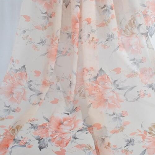 Peach Floral Chiffon Fabric By the Metre, Soft Lightweight Beige Flower Polyester Printed Fabric For Summer Dress, 150CM Wide