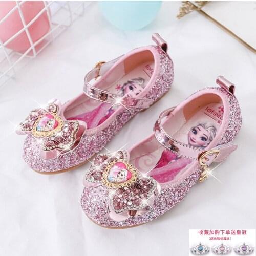 Disney girls single shoes soft sole elsa princess crystal shoes comfortable childrens leather shoes non-slip wear-resistant