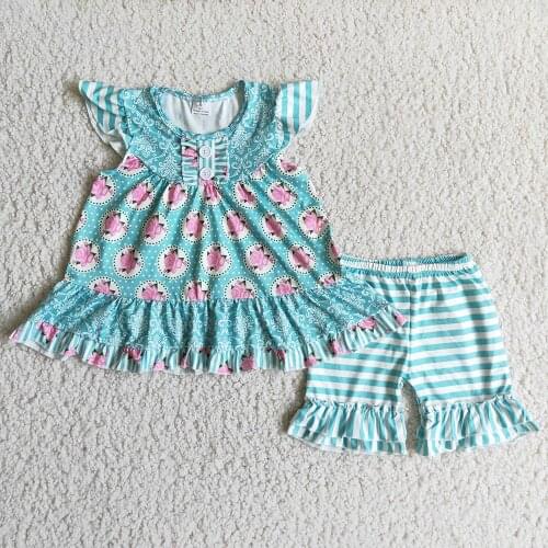 High Quality Kids Flutter Sleeve Outfit Baby Girls Flowers And Stripes Print Clothing Set For Summer