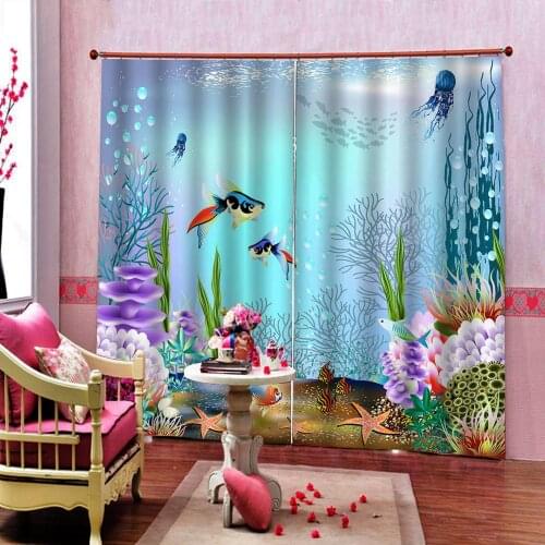 Custom Cartoon Underwater World Plants and Chasing Little Fish Window Drapes for Childrens room Bedroom (left and right Side)