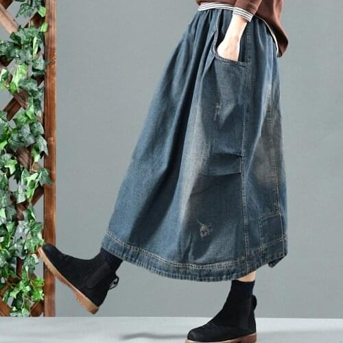 Fairy Natural Women Elastic Waist Pocket Cotton Bleached Skirt Vintage Female Loose Casual Denim Blue Skirts 2021 Spring Autumn