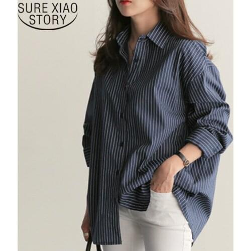 Women Tops And Blouses 2021 Long Sleeve Office Lady Button Turn-down Collar Striped Harajuku Blusas Korean Ladies Tops 7447 50