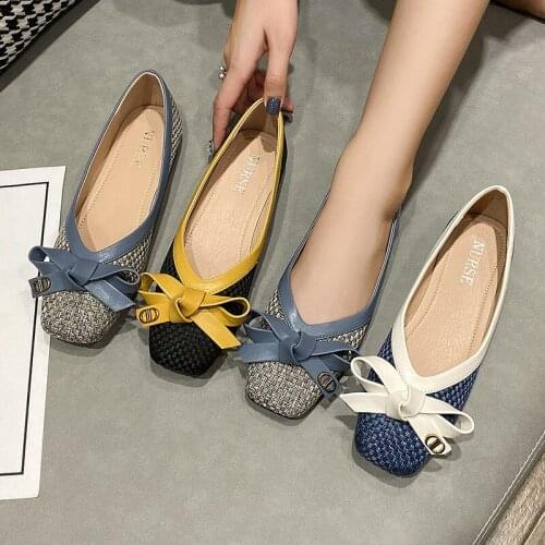 Womens shoes spring and summer 2021 new fashion woven bow square toe single shoes womens soft sole large size womens shoes