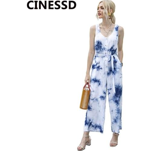 CINESSD Women Tie-Dye Casual Long Jumpsuit V Neck Sexy Sleeveless Lace Up Blue Rompers 2020 Summer High Waist Siamese Jumpsuits