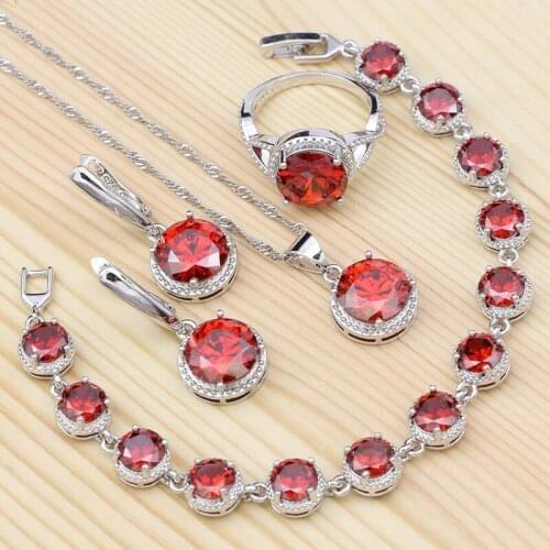 Round 925 Silver Jewelry Sets For Women Red Cubic Zirconia Bridal Accessories Ring Bracelet Necklace Pendant Earrings
