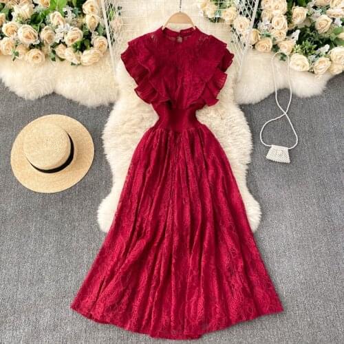 Foamlina Elegant Women Lace Dress Solid O-neck Sleeveless Pleated Ruffles Elastic Waist A-line Midi Party Dress Vestidos Mujer
