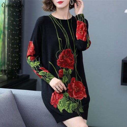 Long Sweater Dress Autumn Fashion Long Sleeve Pullovers Print Floral Knitwear Jumper Plus Size Sweater Women