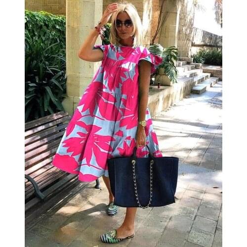 Women Casual Vintage Petal Short Sleeve Dress Summer Loose Daisy Floral Print Beach Dress Elegant O Neck Party Dress Vestido