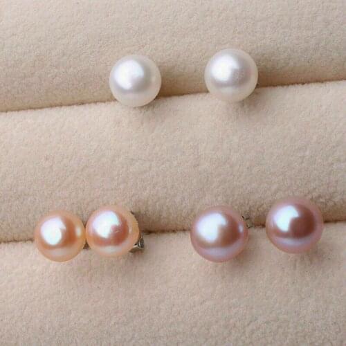 3 Pairs 7-8mm Genuine Natural White Pink Purple Pearl Silver Stud Earrings AAA