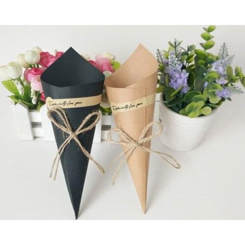 50sets Kraft Paper Folding Card Flower Cones Holder Wrapping Paper Paper Sticker Bouquet Handmade Crafts Cards for Wedding Party