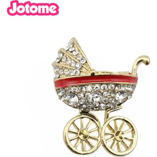 50pcs/lot Gold Tone Crystal Rhinestone Enamel Baby Carriage Cradle Car Pin Brooch